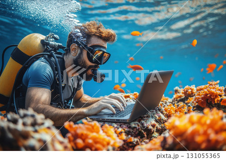Diving scientist conducts research using laptop underwater coral reef digital technology marine environment close-up view innovation 131055365