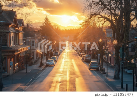 Evocative sunset serene landscape photography of a charming town's quiet main street 131055477