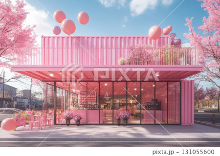 A pink building with pink balloons on the roof A pink building with pink balloons on the roof 131055600