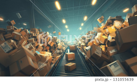 物流現場の繁忙期イメージ　ベルトコンベアと積み上がる段ボール 131055639