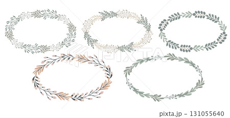 Vector set of elegant floral wreaths in pastel colors. Minimalistic botanical style for modern design. Vector set of elegant floral wreaths in pastel colors. Minimalistic botanical style for modern design. 131055640