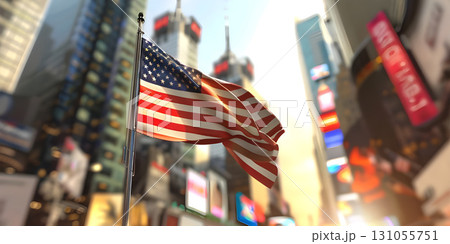 American flag for Independence in the city with blur background - Ai Generated American flag for Independence in the city with blur background - Ai Generated 131055751