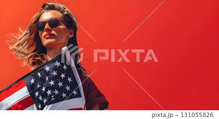 Attractive Lady hold national American flag isolated on solid color background - Ai Generated 131055826