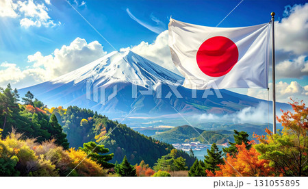 富士山と日の丸,富士山と日章旗,Generative AI,AI画像 131055895