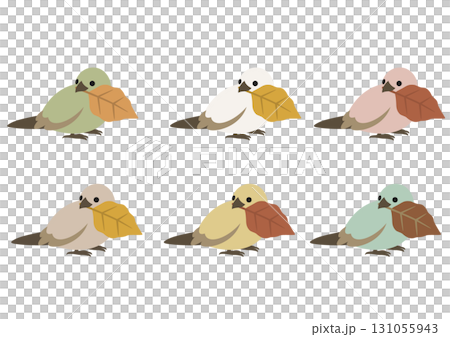 一隻可愛的小鳥抱著一片秋葉的向量插圖集 131055943