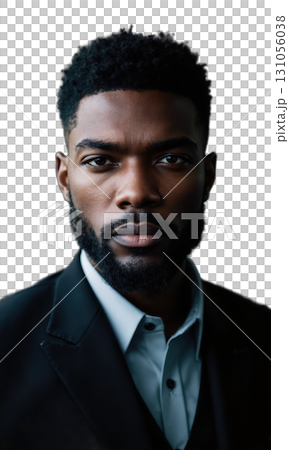 A confident Black male executive in a sharp black suit, his face radiating strength, with business data projections and financial 131056038