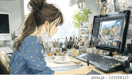 パソコンを駆使してイラストを作成する女性のイラスト素材 131056123