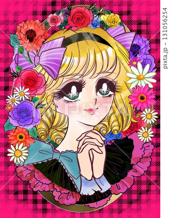 昭和レトロ風70年代の少女漫画の金髪美少女祈りのポーズイラストと花のリーズ背景 131056254