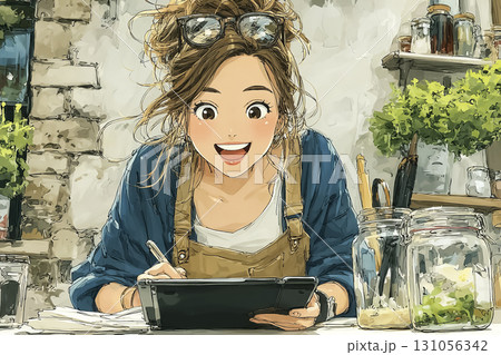 美優シリーズ：若い女性がタブレットでAI画像を編集しているシーン  131056342
