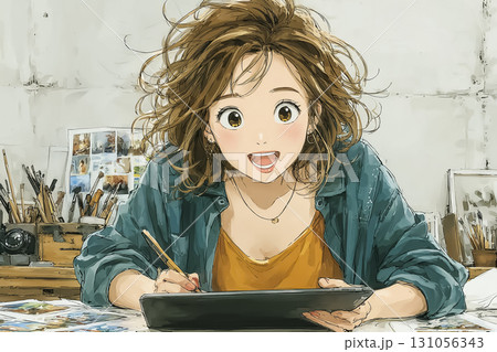 美優シリーズ：若い女性がタブレットでAI画像を編集しているシーン  131056343