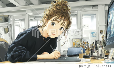 美優シリーズ：若い女性がタブレットでAI画像を編集しているシーン  131056344