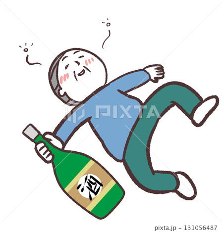 お酒飲んで寝転がるシニア男性のイラスト 131056487