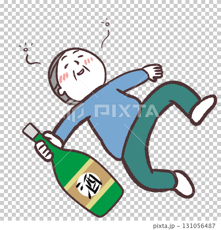 お酒飲んで寝転がるシニア男性のイラスト 131056487