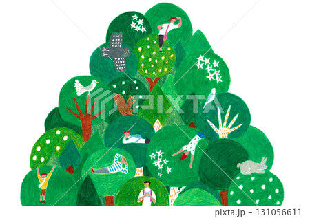 手描きイラスト 山の木々のすきまからのぞく、森の動物と人々 手描きイラスト 山の木々のすきまからのぞく、森の動物と人々 131056611