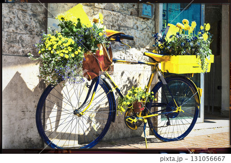 charming streets of italy.Floral bicycle decor, artistic vintage picture 131056667