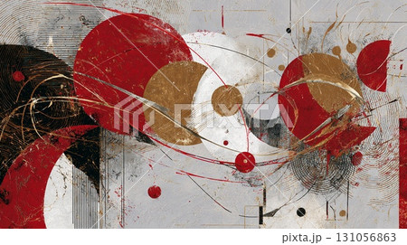 和素材・正月素材 抽象的でモダンなアート、円と線のデザイン。赤と金色のグラフィック作品 131056863