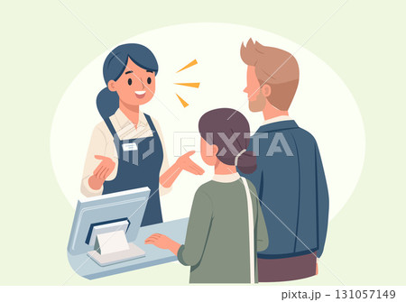Illustration of a cashier explaining to a customer about the price of a product that may increase or decrease, to help the customer understand better. 131057149