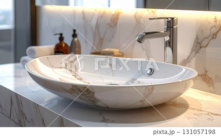 《AI画像》白を基調としたモダンでおしゃれな洗面台 131057198