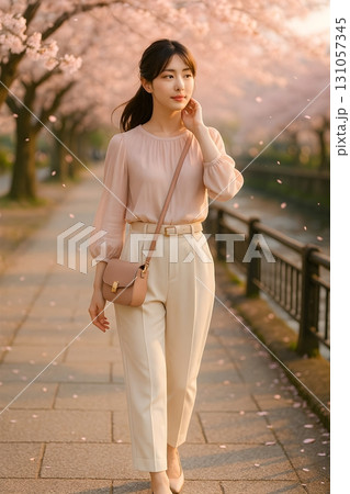 桜並木を歩く女性 – 春の優雅なファッションスタイル 131057345