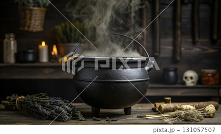 Mysterious black cauldron simmers in a dark, rustic kitchen with herbs and candles illuminating  131057507