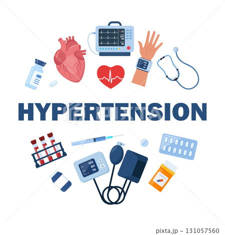 Hypertension concept. Cardiology checkup. Tonometer. Measuring high blood pressure, test tubes, syringe, patient medical card, medications, syringe, heart. Vector illustration. 131057560