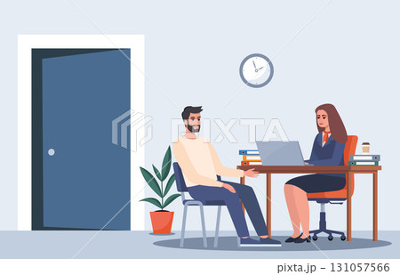 Banking concept. Bank office consultant adviser talking with client. Female bank employee in a suit with corporate symbols advises a client. Vector illustration. 131057566