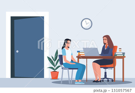 Banking concept. Bank office consultant adviser talking with client. Female bank employee in a suit with corporate symbols advises a client. Vector illustration. 131057567