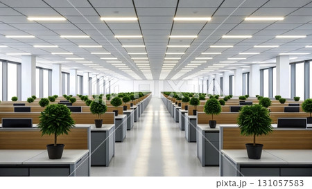 Modern office interior design featuring green plants and spacious workstations 131057583