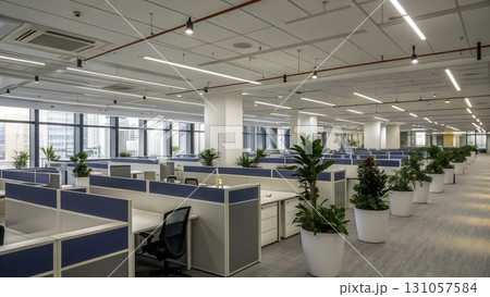 Modern office space featuring bright workstations and plants in a city high-rise building 131057584