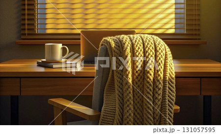 Cozy workspace with warm sunlight and a comfy throw in a peaceful interior setting Cozy workspace with warm sunlight and a comfy throw in a peaceful interior setting 131057595