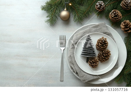 Christmas table setting with festive decor, flat lay. Space for text 131057716