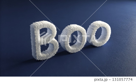 Creative white text spelling boo displayed on a dark blue background for Halloween decoration 131057774