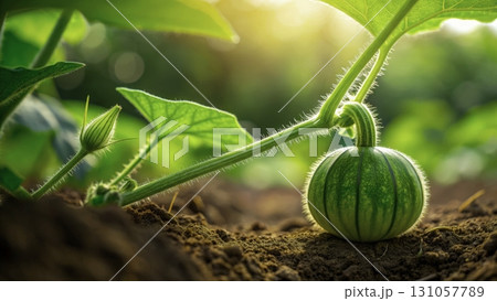 Watermelon growing on vine in garden during sunset providing a vibrant view of nature's bounty 131057789