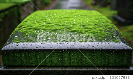 Moss-covered gravestone with raindrops in a quiet cemetery during early morning 131057958