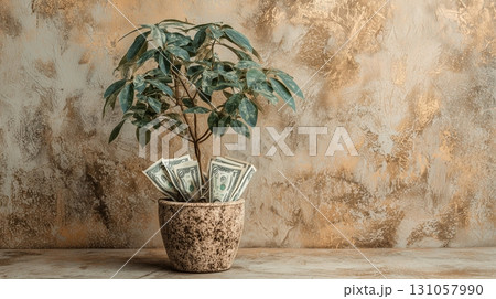 Money plant in pot on concrete wall 131057990