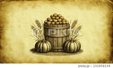 Harvest season display with a wooden barrel full of apples and pumpkins on a vintage background 131058134
