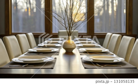 Elegant dining table set for a special occasion at sunset with natural decor in a modern space 131058135