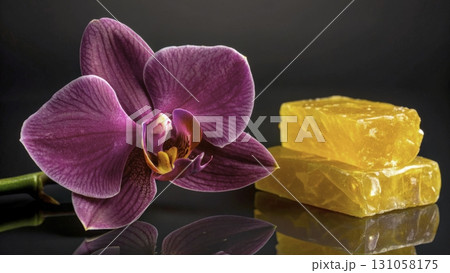 Bright purple orchid next to yellow soap bars on a reflective black surface in a serene setting 131058175