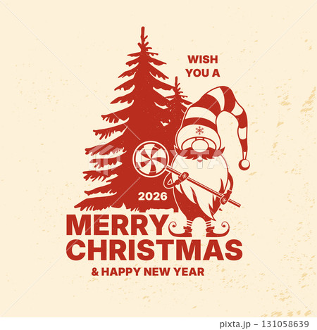 Wish you a very Merry Christmas and Happy New Year stamp, sticker set with trees, gnome Santa with christmas candy. Vector. Vintage typography design for xmas, new year emblem in retro style Wish you a very Merry Christmas and Happy New Year stamp, sticker set with trees, gnome Santa with christmas candy. Vector. Vintage typography design for xmas, new year emblem in retro style 131058639