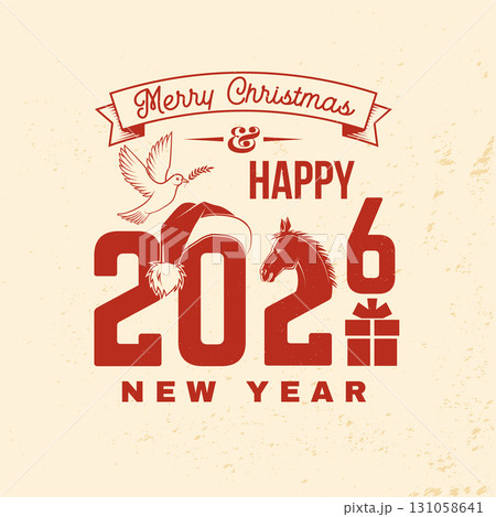 Merry Christmas and 2026 Happy New Year stamp, sticker set with horse, Christmas gift, Santa hat and peace dove. Vector. Vintage typography design for Xmas, new year emblem in retro style 131058641