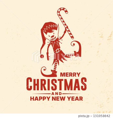Wish you a very Merry Christmas and Happy New Year stamp, sticker set with trees, Elf Santa with christmas candy. Vector. Vintage typography design for xmas, new year emblem in retro style Wish you a very Merry Christmas and Happy New Year stamp, sticker set with trees, Elf Santa with christmas candy. Vector. Vintage typography design for xmas, new year emblem in retro style 131058642