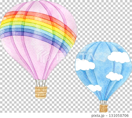 兩個彩虹和雲彩圖案的氣球排成一排的水彩插圖 兩個彩虹和雲彩圖案的氣球排成一排的水彩插圖 131058706