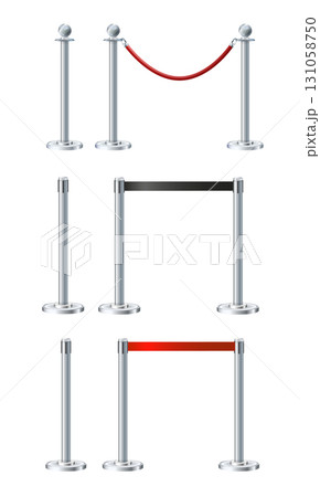 Retractable belt rack. Portable tape barrier. Red tape for fencing. Red carpet with red ropes on silver supports. Exclusive event, movie premiere, gala concert, awards ceremony. Retractable belt rack. Portable tape barrier. Red tape for fencing. Red carpet with red ropes on silver supports. Exclusive event, movie premiere, gala concert, awards ceremony. 131058750