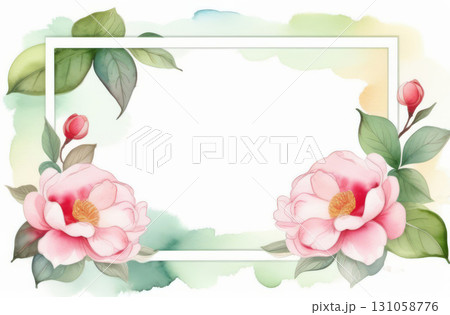 Frame with camellia watercolor painting on a white background Frame with camellia watercolor painting on a white background 131058776
