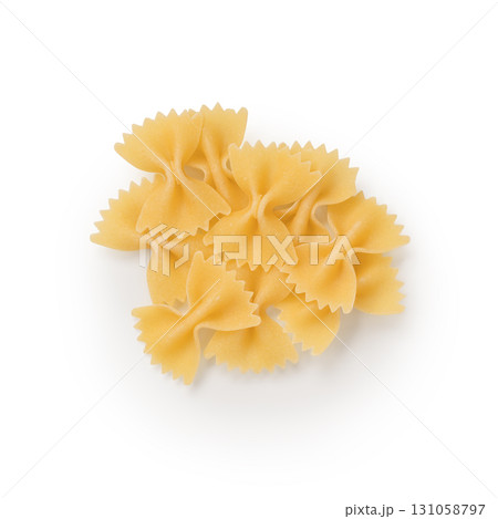 Dry farfalle pasta on white background top view Dry farfalle pasta on white background top view 131058797