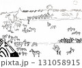 hand-drawn sketch of many zebras in savannah 131058915