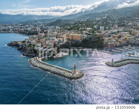 Aerial view of the Citadel of Bastia in the north of Corsica island - Genoese city overlooking the Mediterranean Sea Aerial view of the Citadel of Bastia in the north of Corsica island - Genoese city overlooking the Mediterranean Sea 131059006