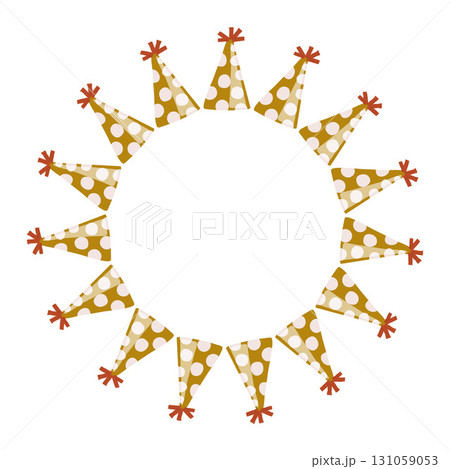A wreath of cheerful birthday yellow cone hats with white dots, suitable for postcards, invitations and products for children A wreath of cheerful birthday yellow cone hats with white dots, suitable for postcards, invitations and products for children 131059053