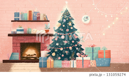 ピンクの壁とクリスマスツリーの室内イラスト 131059274