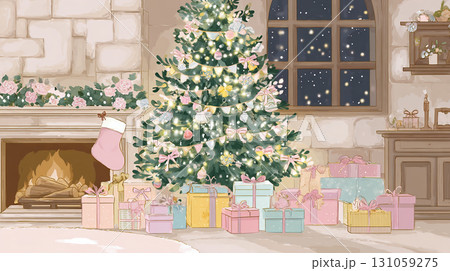 夜の窓辺のクリスマスツリー 131059275